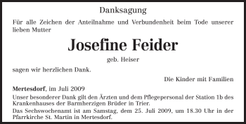 Traueranzeige von Josefine Feider von TRIERISCHER VOLKSFREUND