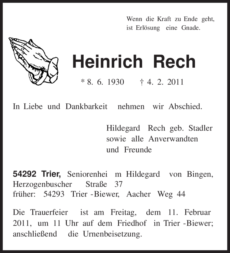  Traueranzeige für Heinrich Rech vom 09.02.2011 aus TRIERISCHER VOLKSFREUND