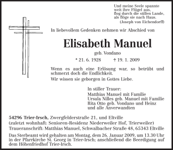 Traueranzeige von Elisabeth Manuel von TRIERISCHER VOLKSFREUND