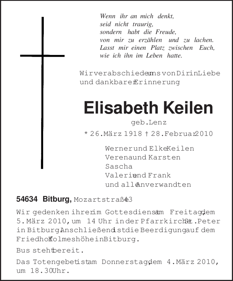  Traueranzeige für Elisabeth Keilen vom 02.03.2010 aus TRIERISCHER VOLKSFREUND