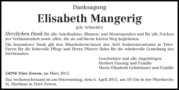 Traueranzeige von Elisabeth Mangerig von trierischer_volksfreund