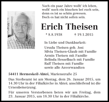 Traueranzeige von Erich Theisen von trierischer_volksfreund