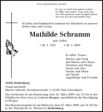 Traueranzeige von Mathilde Schramm von TRIERISCHER VOLKSFREUND
