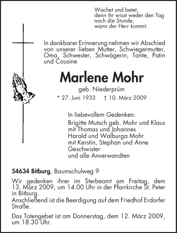 Traueranzeige von Marlene Mohr von TRIERISCHER VOLKSFREUND
