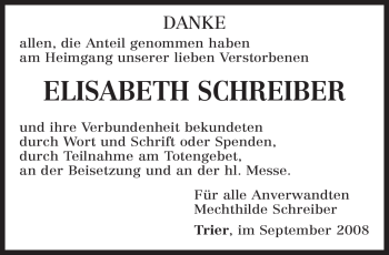Traueranzeige von ELISABETH SCHREIBER von TRIERISCHER VOLKSFREUND