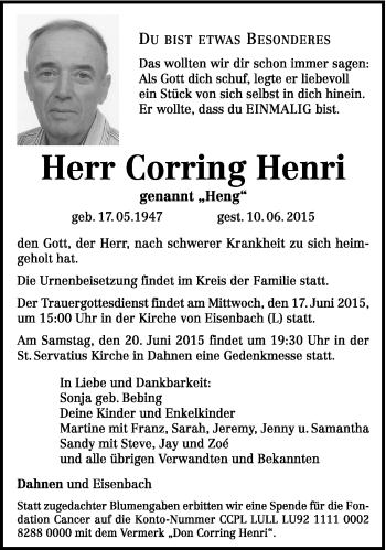 Traueranzeige von Henri Corring von trierischer_volksfreund