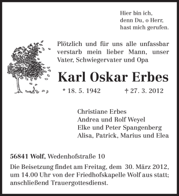 Traueranzeige von Karl Oskar Erbes von TRIERISCHER VOLKSFREUND