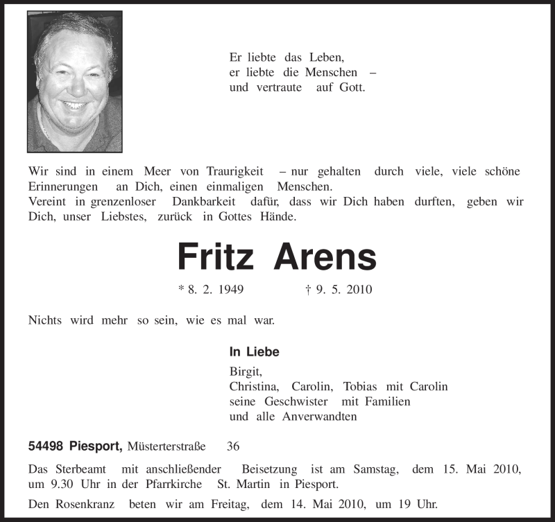  Traueranzeige für Fritz Arens vom 13.05.2010 aus TRIERISCHER VOLKSFREUND