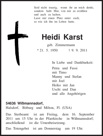 Traueranzeige von Heidi Karst von TRIERISCHER VOLKSFREUND