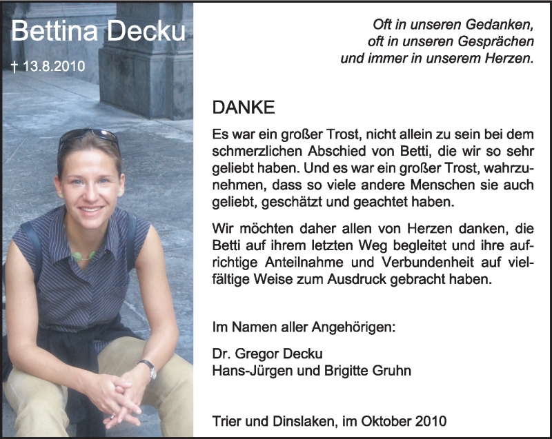  Traueranzeige für Bettina Decku vom 06.10.2010 aus TRIERISCHER VOLKSFREUND