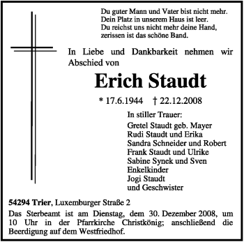 Traueranzeige von Erich Staudt von TRIERISCHER VOLKSFREUND