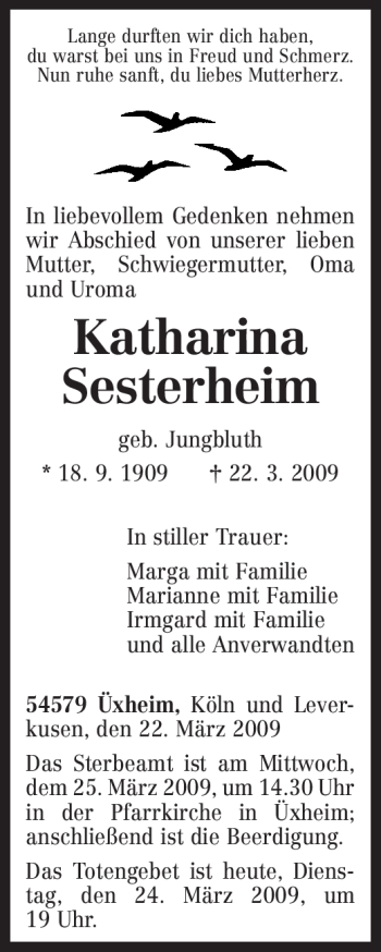 Traueranzeige von Katharina Sesterheim von TRIERISCHER VOLKSFREUND