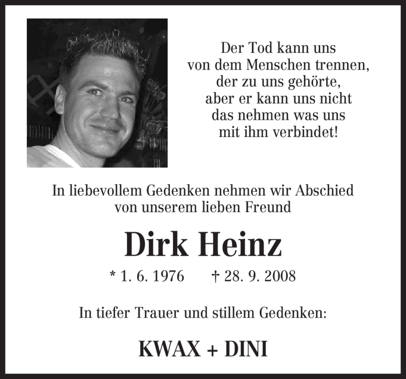  Traueranzeige für Dirk Heinz vom 01.10.2008 aus TRIERISCHER VOLKSFREUND