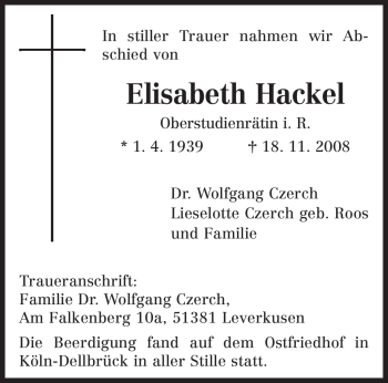 Traueranzeige von Elisabeth Hackel von TRIERISCHER VOLKSFREUND