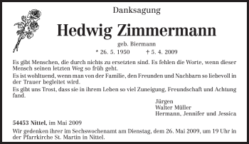 Traueranzeige von Hedwig Zimmermann von TRIERISCHER VOLKSFREUND