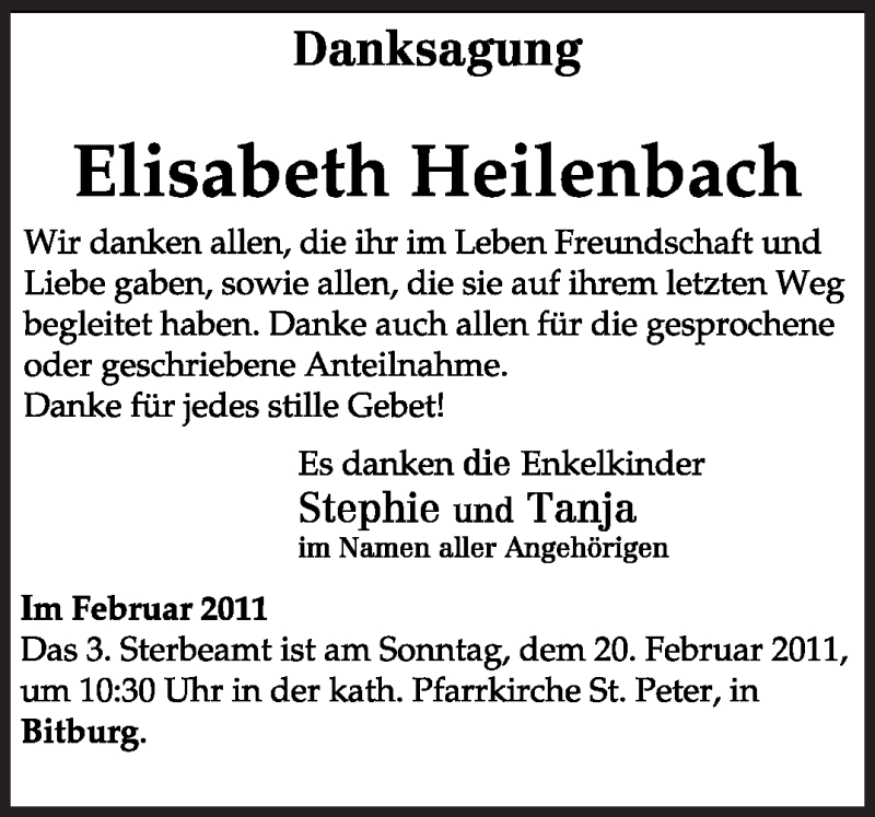  Traueranzeige für Elisabeth Heilenbach vom 16.02.2011 aus TRIERISCHER VOLKSFREUND