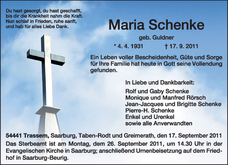 Traueranzeigen Von Maria Schenke Volksfreund Trauer De