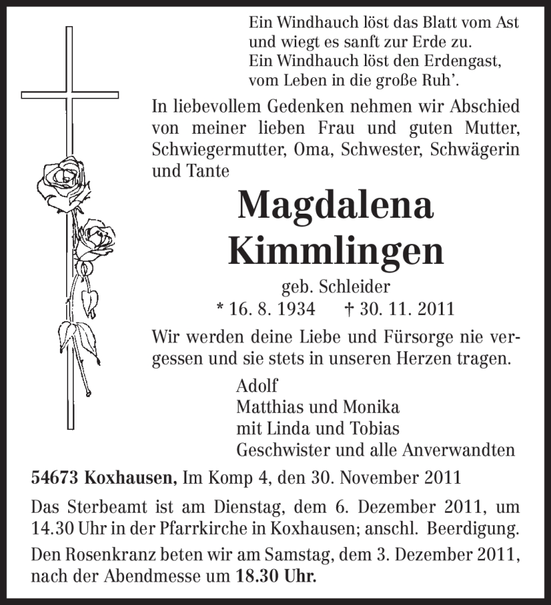  Traueranzeige für Magdalena Kimmlingen vom 02.12.2011 aus TRIERISCHER VOLKSFREUND