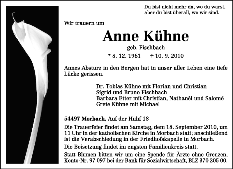  Traueranzeige für Anne Kühne vom 14.09.2010 aus TRIERISCHER VOLKSFREUND