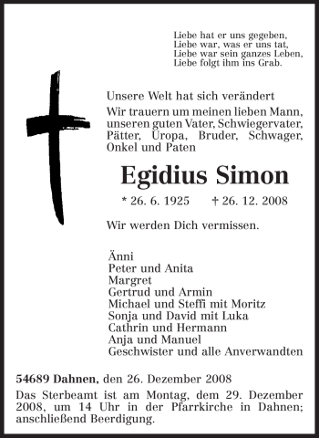 Traueranzeige von Egidius Simon von TRIERISCHER VOLKSFREUND