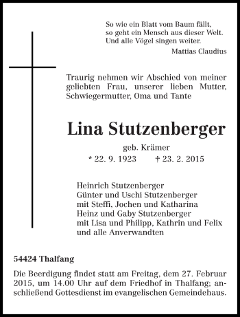 Traueranzeige von Lina Stutzenberger von trierischer_volksfreund
