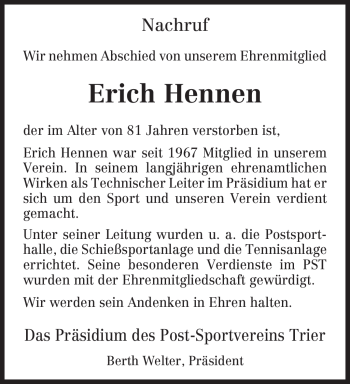 Traueranzeige von Erich Hennen von TRIERISCHER VOLKSFREUND