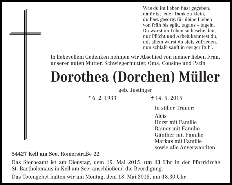  Traueranzeige für Dorothea  Müller vom 16.05.2015 aus trierischer_volksfreund