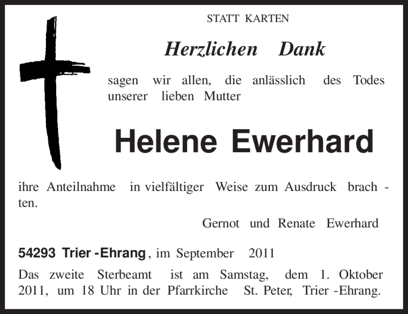  Traueranzeige für Helene Ewerhard vom 24.09.2011 aus TRIERISCHER VOLKSFREUND