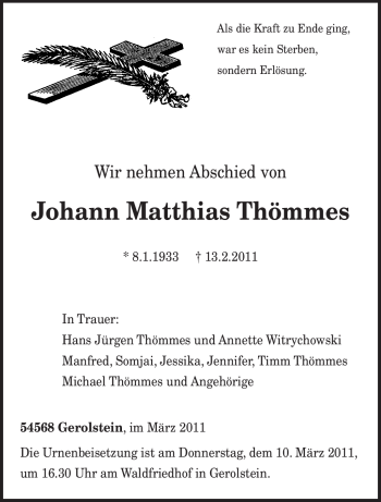 Traueranzeige von Johann Matthias Thömmes von TRIERISCHER VOLKSFREUND