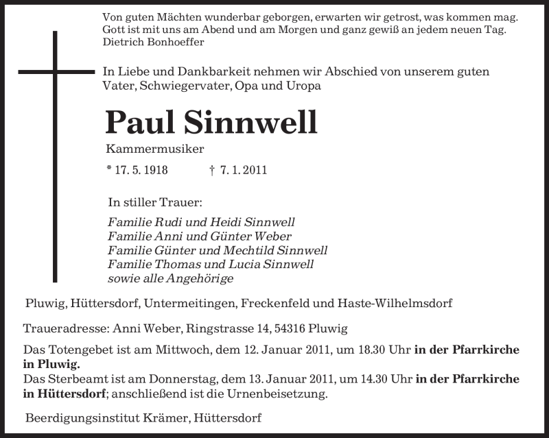  Traueranzeige für Paul Sinnwell vom 11.01.2011 aus TRIERISCHER VOLKSFREUND