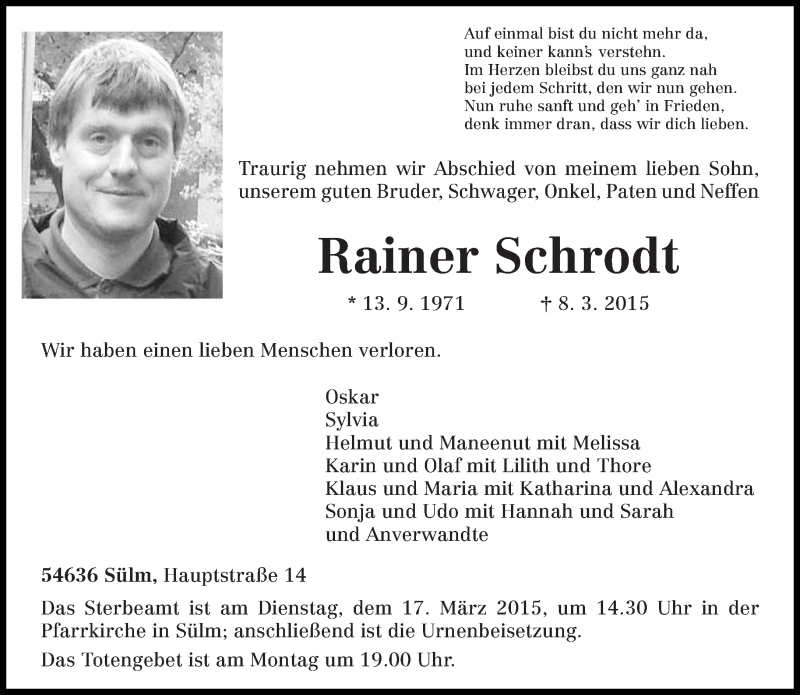  Traueranzeige für Rainer Schrodt vom 14.03.2015 aus trierischer_volksfreund