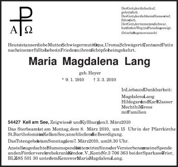 Traueranzeige von Maria Magdalena Lang von TRIERISCHER VOLKSFREUND