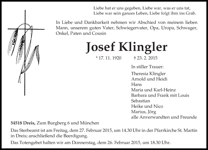  Traueranzeige für Josef Klingler vom 25.02.2015 aus trierischer_volksfreund