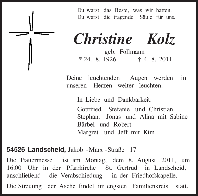  Traueranzeige für Christine Kolz vom 06.08.2011 aus TRIERISCHER VOLKSFREUND