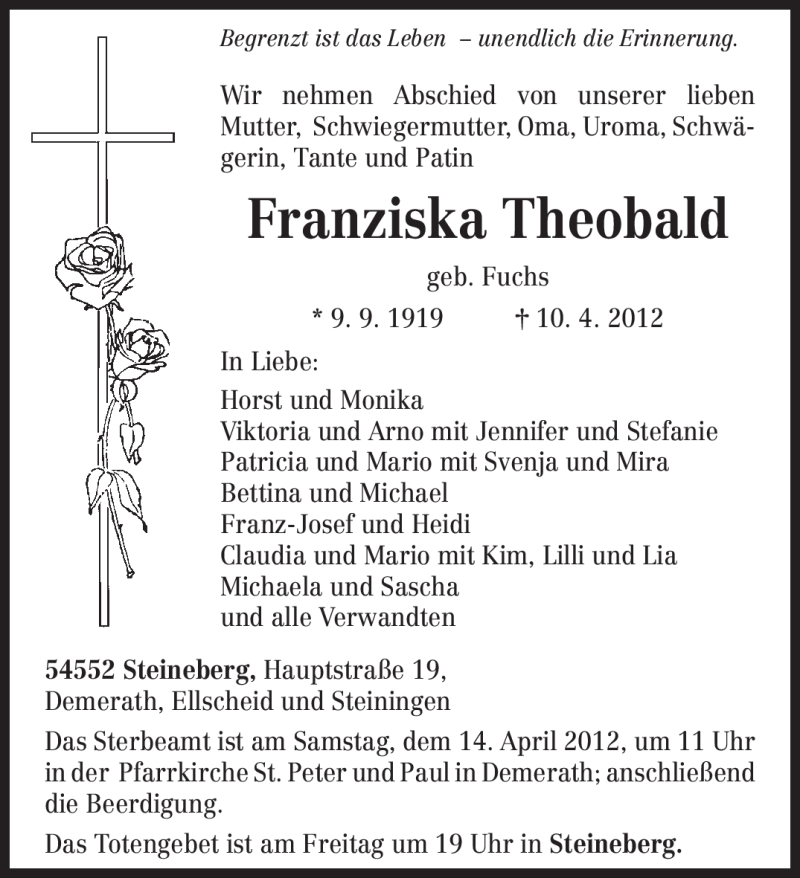  Traueranzeige für Franziska Theobald vom 11.04.2012 aus TRIERISCHER VOLKSFREUND