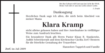 Traueranzeige von Klara Kramp von TRIERISCHER VOLKSFREUND