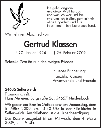 Traueranzeige von Gertrud Klassen von TRIERISCHER VOLKSFREUND