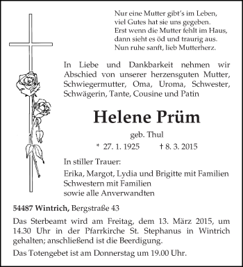 Traueranzeige von Helene Prüm von trierischer_volksfreund