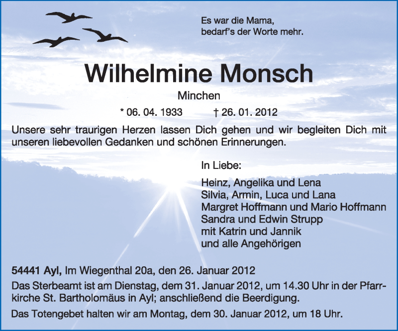  Traueranzeige für Wilhelmine Monsch vom 28.01.2012 aus TRIERISCHER VOLKSFREUND