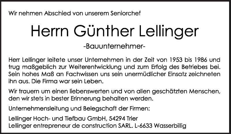  Traueranzeige für Günther Lellinger vom 02.03.2010 aus TRIERISCHER VOLKSFREUND