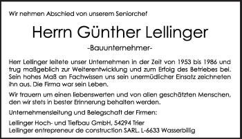 Traueranzeige von Günther Lellinger von TRIERISCHER VOLKSFREUND