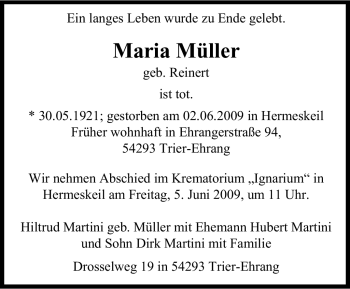Traueranzeige von Maria Müller von TRIERISCHER VOLKSFREUND
