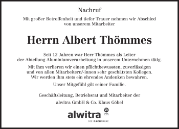 Traueranzeige von Albert Thömmes von TRIERISCHER VOLKSFREUND