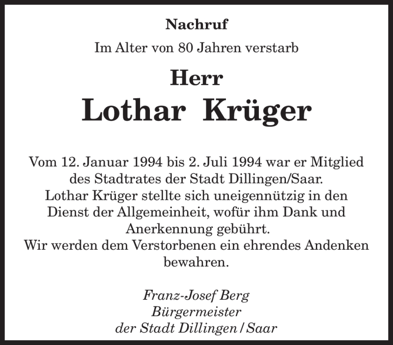  Traueranzeige für Lothar Krüger vom 08.05.2010 aus TRIERISCHER VOLKSFREUND