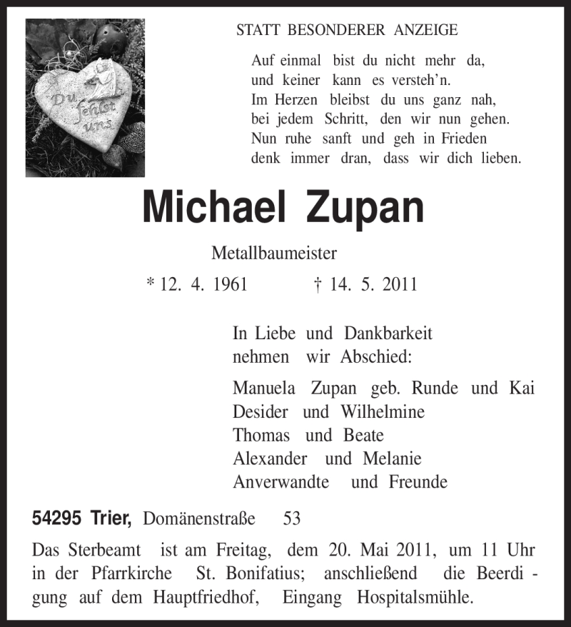  Traueranzeige für Michael Zupan vom 18.05.2011 aus TRIERISCHER VOLKSFREUND