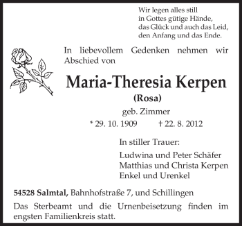 Traueranzeige von Maria-Theresia Kerpen von TRIERISCHER VOLKSFREUND