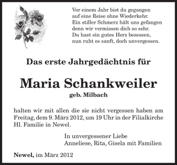 Traueranzeige von Maria Schankweiler von TRIERISCHER VOLKSFREUND