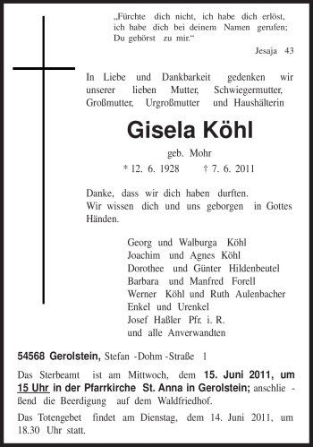 Traueranzeige von Gisela Köhl von TRIERISCHER VOLKSFREUND