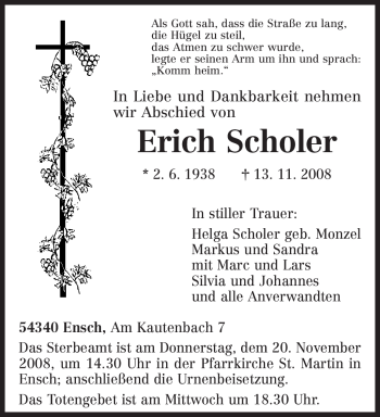 Traueranzeige von Erich Scholer von TRIERISCHER VOLKSFREUND