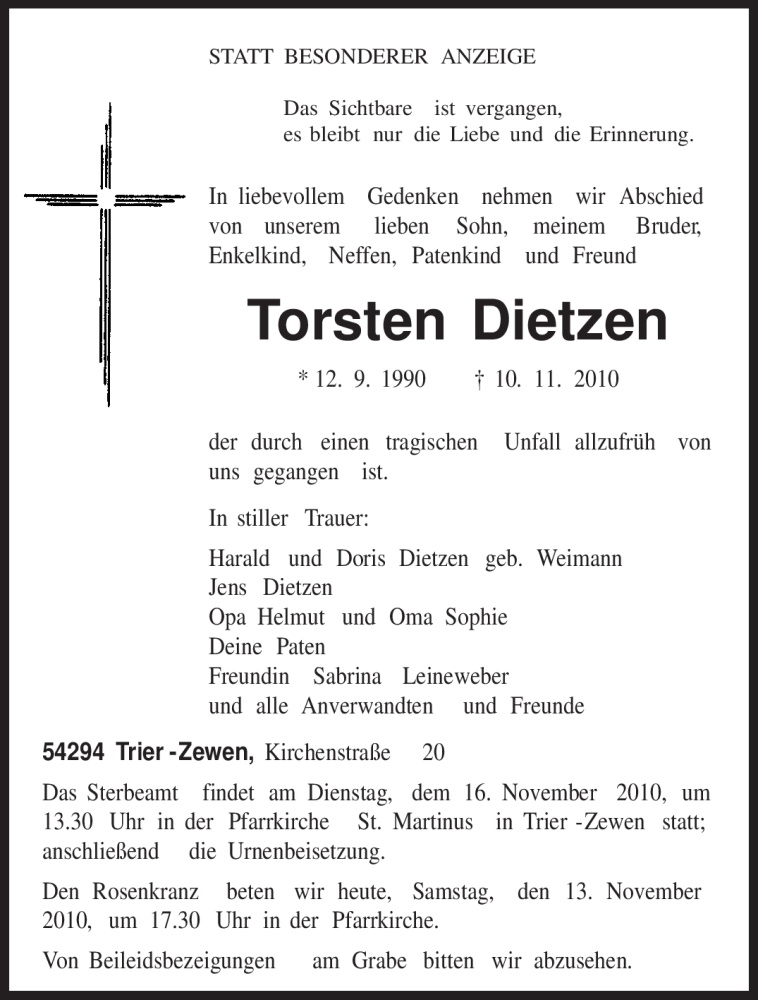 Traueranzeige für Torsten Dietzen vom 13.11.2010 aus TRIERISCHER VOLKSFREUND